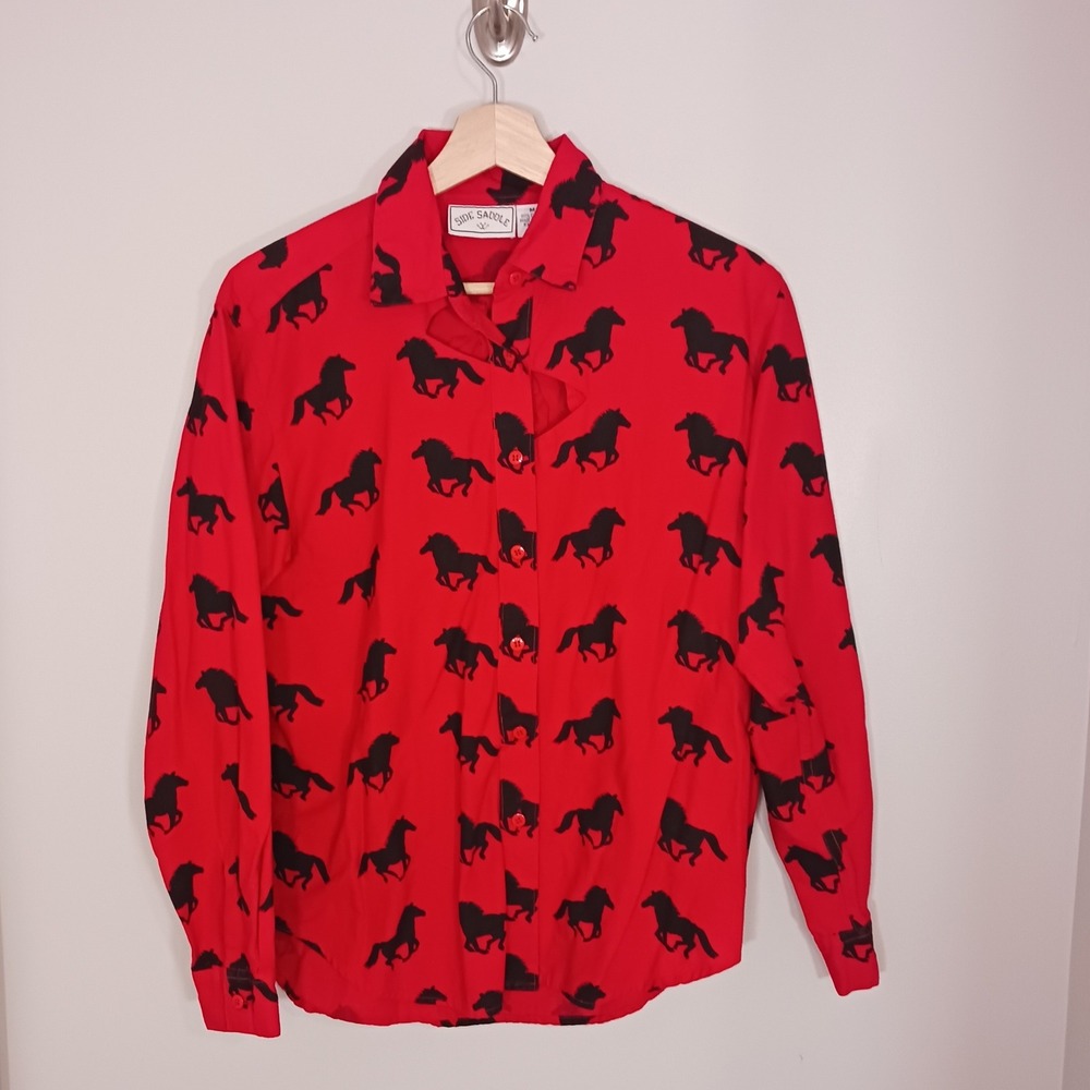 Western Boho Horse Print Cotton Button Down Shirts Size M Side Saddle
